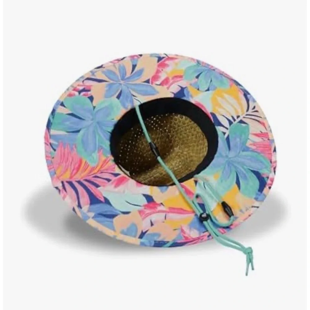 NWT Roxy Girls Pina To My Colada Straw Panama Hat Wide Brim Floral Beach Sun Hat